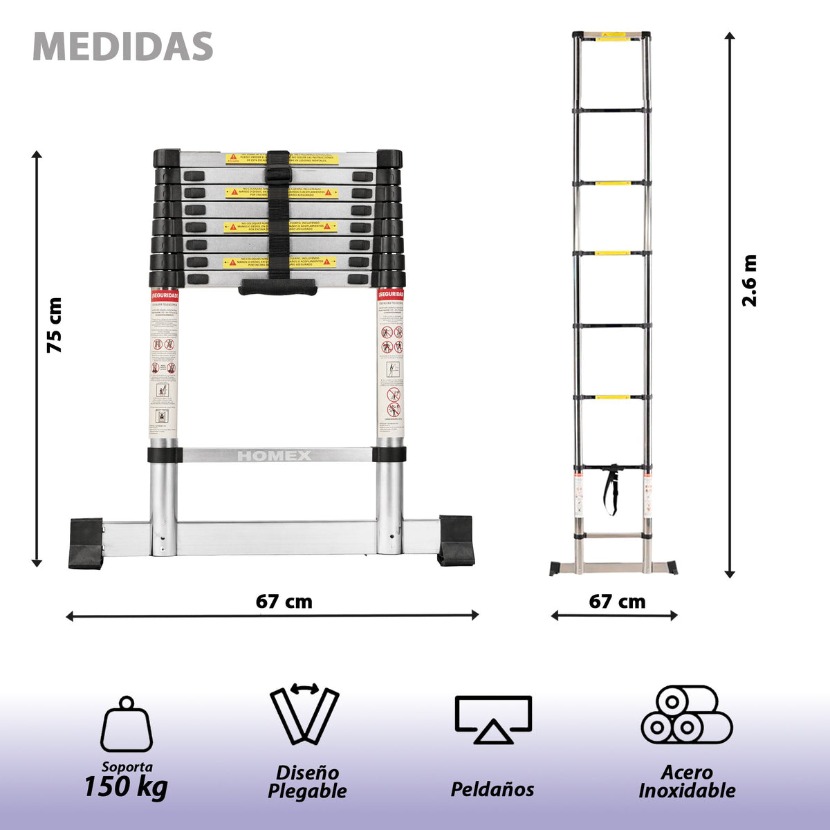 ESCALERA TELESCOPICA DE ACERO 2.6M