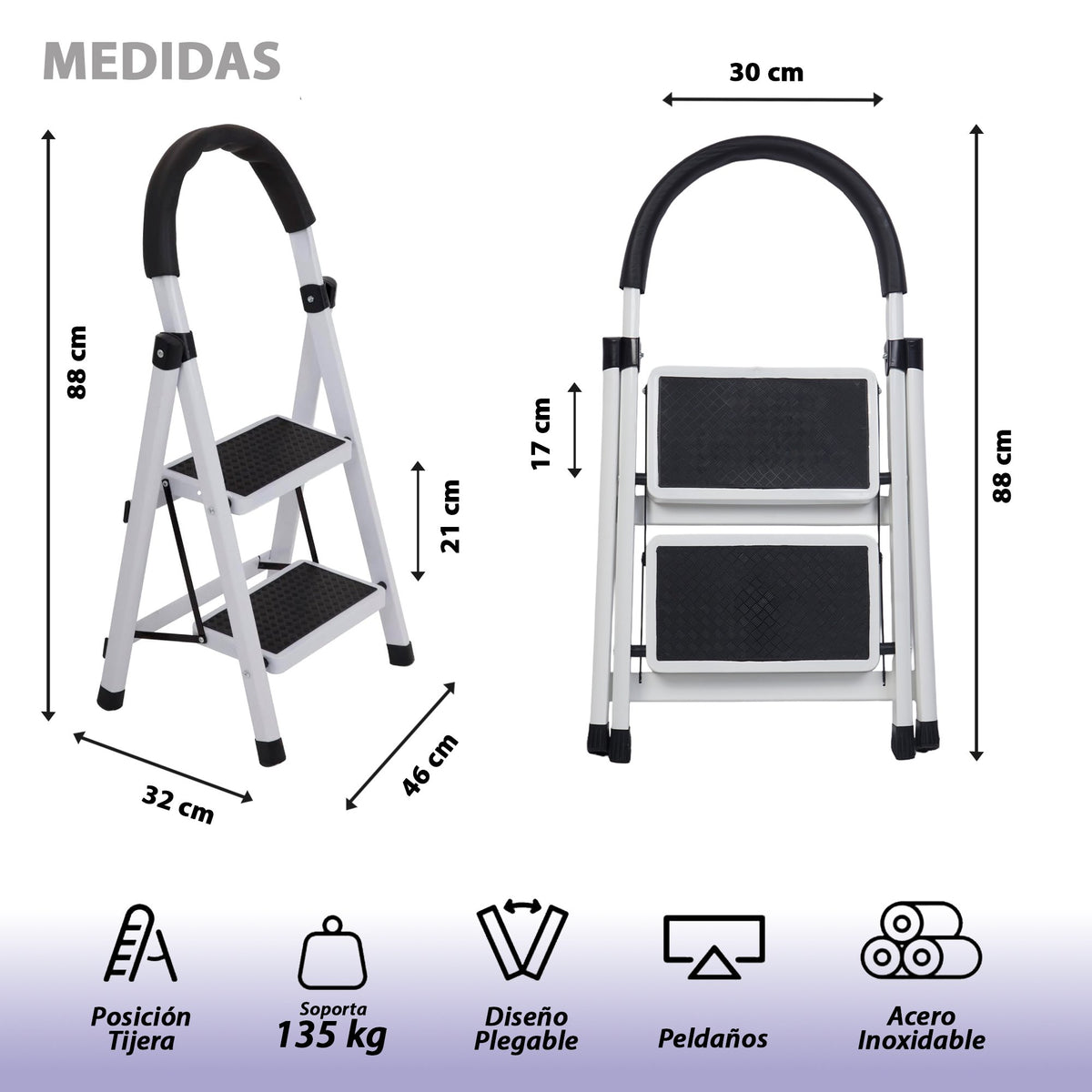 ESCALERA ACERO 2 PELDAÑOS BLANCA