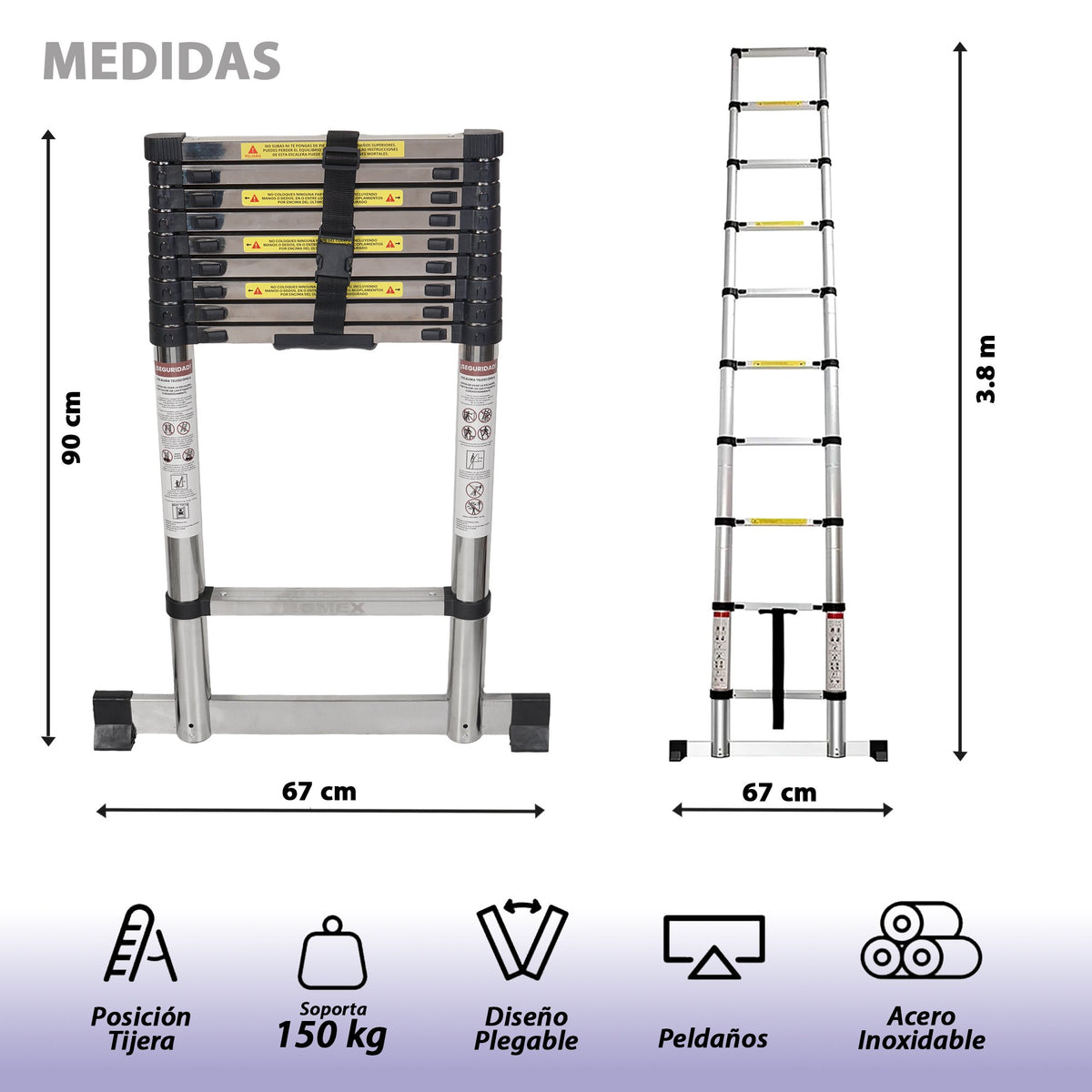 ESCALERA TELESCOPICA DE ACERO 3.8M