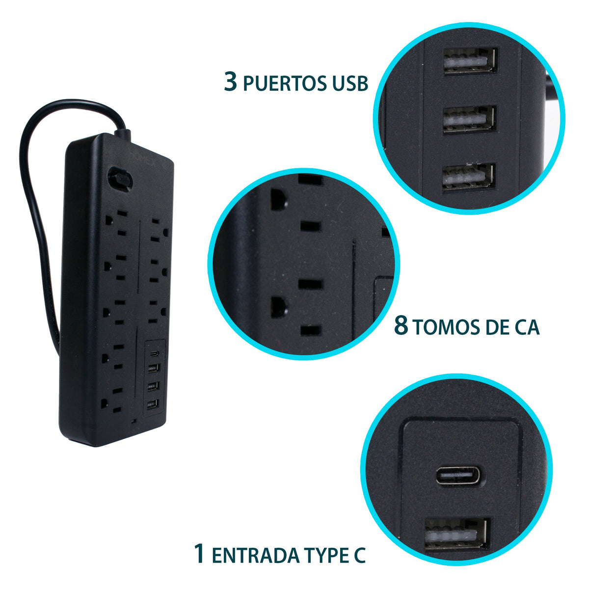 MULTICONTACTOS DE 8 TOMAS CON ENTRADA C, USB Y CABLE DE 50 CM