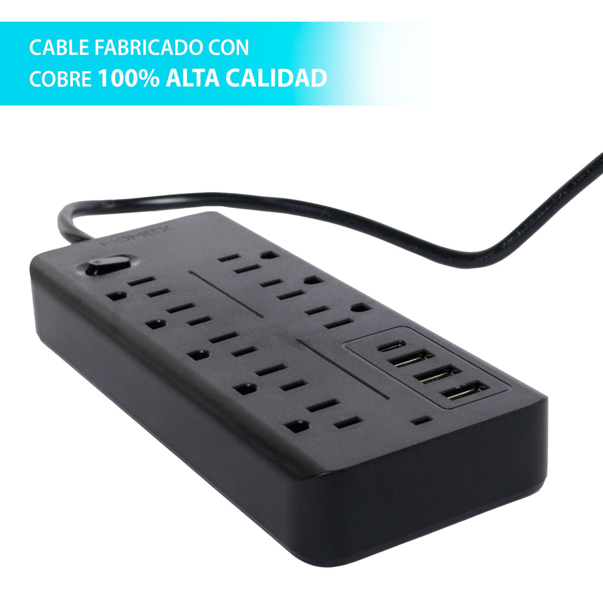 MULTICONTACTOS DE 8 TOMAS CON ENTRADA C, USB Y CABLE DE 50 CM