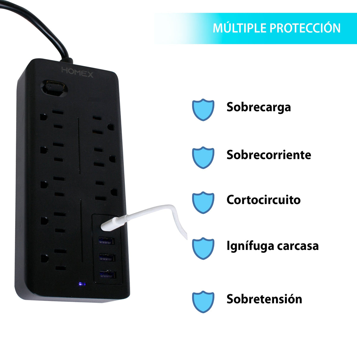 MULTICONTACTOS DE 8 TOMAS CON ENTRADA C, USB Y CABLE DE 50 CM