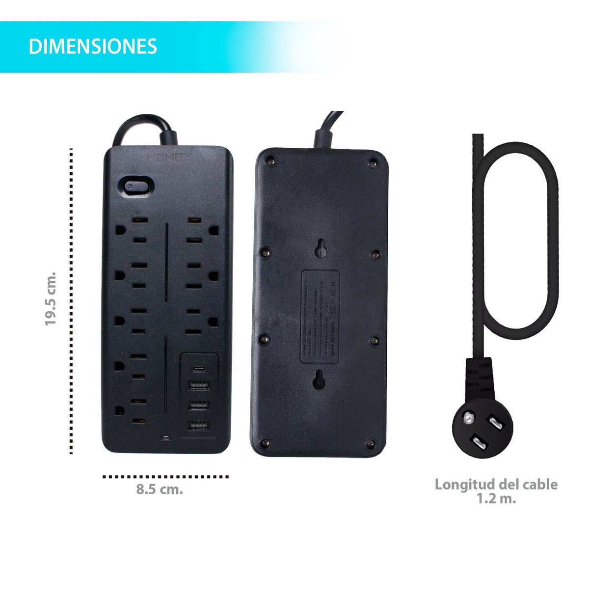 MULTICONTACTOS DE 8 TOMAS CON ENTRADA C, USB Y CABLE DE 50 CM