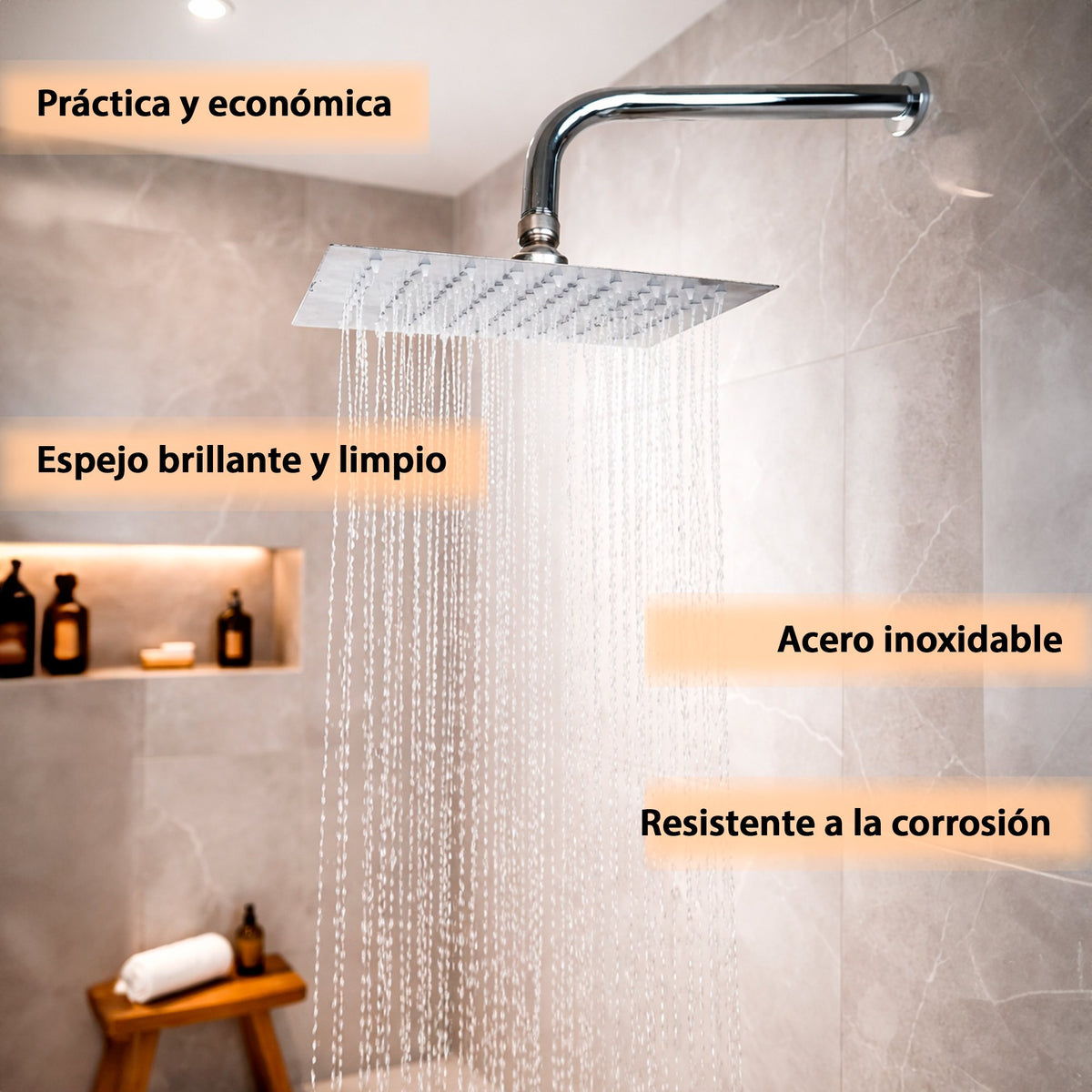 REGADERA CUADRADA DE ACERO INOXIDABLE 20 CM Y 40 CM DE TUBO